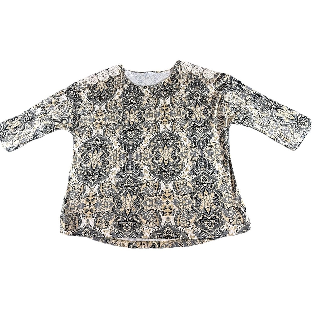 Women's  Tan Gray Print Tunic Pullover W Crochet‎ Shoulder  Accent  Size